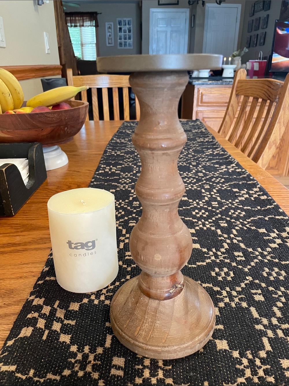 Tag Ivory Candle on Brown Wooden Holder - Picture 2 of 7